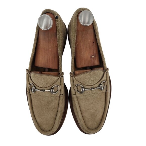 Distressed Gucci Italy Men's size 9 Tan Sand Suede Dress Shoes Horsebit Loafers - Picture 3 of 13